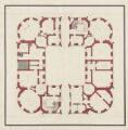 ouvrir dans la visionneuse : [Plan d'un bâtiment rectangulaire avec 4 tourelles aux coins et 4 colonnes au milieu]. [1780].