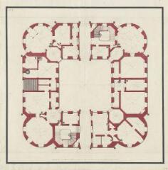 1 vue  - [Plan d'un bâtiment rectangulaire avec 4 tourelles aux coins et 4 colonnes au milieu]. [1780]. (ouvre la visionneuse)