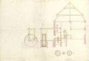 1 vue  - [Plan des rouages d\'un moulin à eau, coupe, mécanismes]. [18e siècle]. (ouvre la visionneuse)