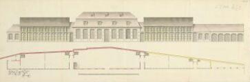 1 vue  - [Plan et façade de deux hollandaises et de la serre dans le jardin botanique]. Approuvé et ratifié par les directeurs des bâtiments. 21 mai 1765. (ouvre la visionneuse)