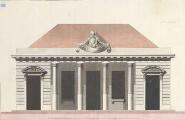 1 vue  - [Façade d\'un bâtiment à 4 colonnes, avec une guérite de chaque côté]. [18e siècle]. (ouvre la visionneuse)