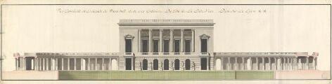 1 vue  - Vue générale de la facade du Waux-Hall, et de ses Galleries ; du côté de La Pièce d\'Eau ; Prise sur la ligne GH, [18e siècle]. (ouvre la visionneuse)