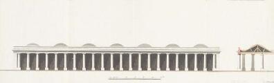 1 vue  - [Vue en élévation d\'une colonnade, probablement pour la halle aux grains projetée par Boudhors près de la Place Saint-Pierre le Jeune]. [1790]. (ouvre la visionneuse)