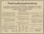 1 vue  - Nachtragsbekanntmachung zu der Bekanntmachung vom 25. September 1917, betreffend Beschlagnahme und Bestandserhebung von Korkholz, Korkabfällen und den daraus hergestellten Halb- und Fertigerzeugnissen, vom 18. Mai 1918. (ouvre la visionneuse)