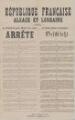 1 vue  - République Française - Alsace Lorraine. Arrêté du 22 janvier 1919 relatif à la régulation de la consommation, la production et la vente d\'alcool. (ouvre la visionneuse)