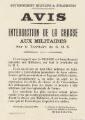 1 vue  - Gouvernement militaire de Strasbourg - Avis - Interdiction de la chasse aux militaires sur le territoire du G.M.S. (Le Général de division Hirschauer, Gouverneur Militaire de Strasbourg, 13 janvier 1919). (ouvre la visionneuse)