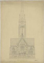 9 vues  - Eglise (non identifiée), projet fait à Leipzig par l'architecte NECKELMANN : vue en plan, coupes, élévation. (ouvre la visionneuse)
